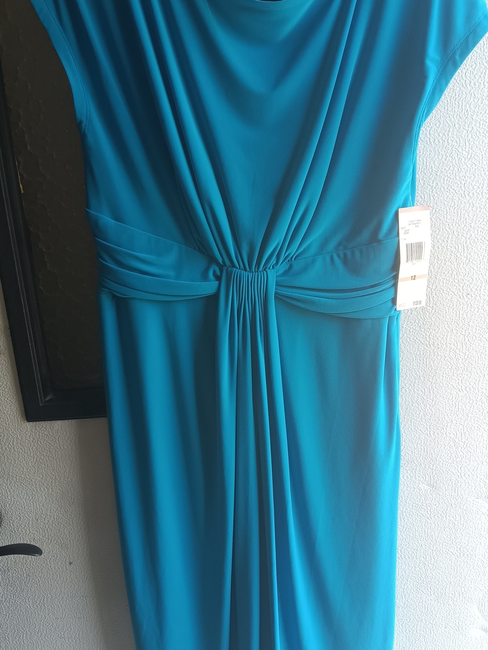Jones New York Blue Solid Sheath Knee Length Dress Cowl Neck Stretch Size 12
